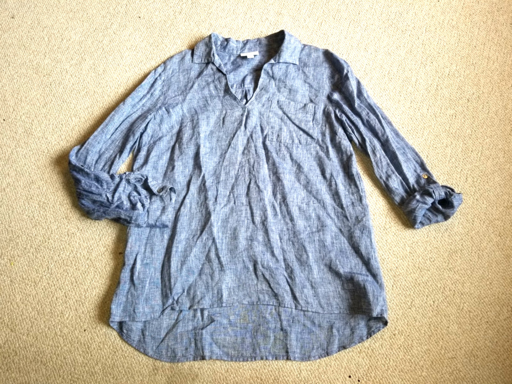 Womens Top-J. JILL LOVE LINEN-blue tweedy hi-low collared beachy coastal-S